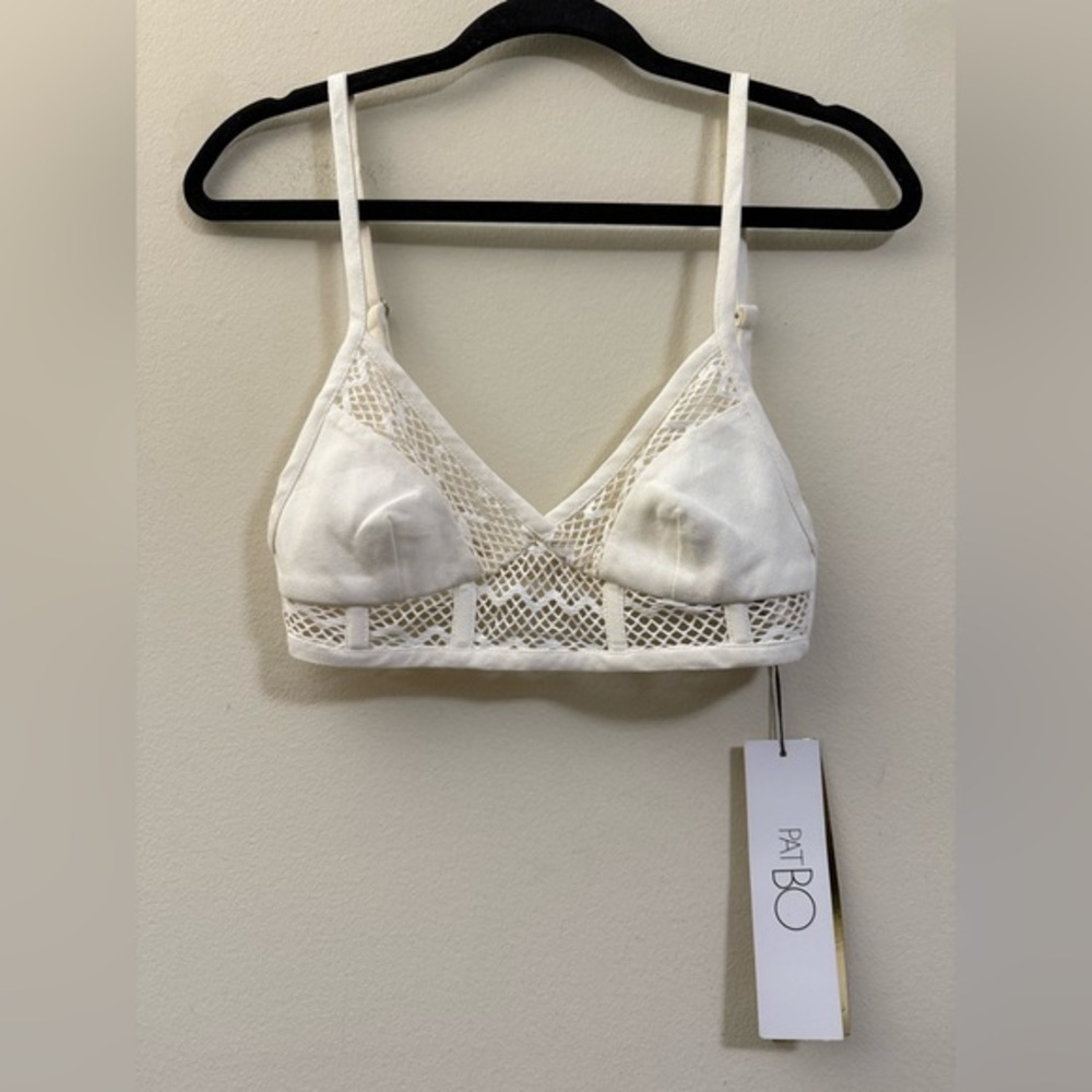 NWT PatBO Linen Blend Bralette Mesh Lined Crop Top in Cream and Tan - 0 - Picture 2 of 16